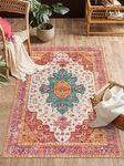 Moynesa Ultra-Thin Washable Vintage Area Rug - 3x5 Boho Girls Bedroom Non-Slip Non-Shedding Oriental Medallion Living Room Mat Indoor Carpet for Office Nursery Room, Pink/Teal/Multi