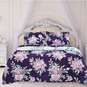 TANOFAR Queen Comforter Set, Purple Bedding Comforter Sets, All Season Bed Set Queen Size, 3 Pieces, 1 Soft Reversible Flowers Comforter and 2 Pillow Shams, Cozy & Lightweight