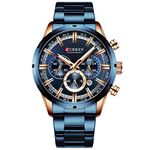 CURREN Mens Watch Sport Quartz Chronograph Wristwatches with Luminous hands Fashion Stainless Steel Clock date, rose gold blue, Chronograph,Quartz Movement