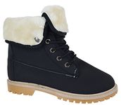 Womens Ladies Flat Fur Lined Grip Sole Winter Army Combat Ankle Boots Shoes Size Black