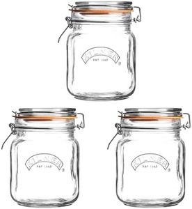 Kilner Square Clip Top Jar Set of 3, 1 Litre (1000ml) Airtight Glass Jars for Storing Coffee Beans Pickling Vegetables Chutneys Pasta Nuts BPA-Free Dishwasher Safe