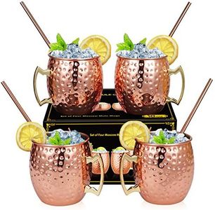 Hossejoy Moscow Mule Copper Mugs - Gift Set of 4-100% Handcrafted Pure Solid Copper Mugs, 16 oz Food Safe Copper Cups with 4 Cocktail Copper Straws