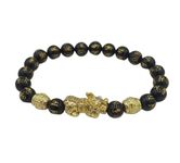 Black Obsidian Pixiu Feng Shui Om Mani Bracelet Wealth Good Luck Dragon with Double Gold Plated Pi Xiu/Pi Yao Attract Luck and Wealth (Pixu 8 mm)