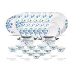 La Opala Diva Classique Collection Opal Glass Crockery | for Family of 6 | Dinner Set 35 pcs Aster Blue | Plates & Bowls for Dining | Microwave Safe | 100% Vegetarian | Extra Strong | White