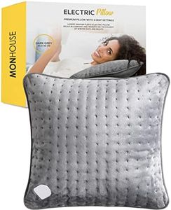 MONHOUSE Heated Pillow Grey Cushion - Super Soft Heating Pad for Neck, Back and Shoulder Pain Relief - Detachable Controller, 3 Heat Settings, Fast Heating Technology, Machine Washable - 45x45cm