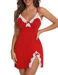 Aranmei Women's Nightwear Sexy Chemise Nightgowns Plus Size Lace Babydoll Lingerie V-Neck Full Slip Nightdress for Women Red L