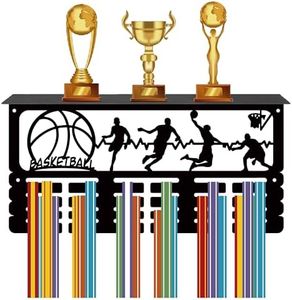 CREATCABIN Basketball Medal Holder Trophy Shelf Medal Hanger Display with Shelf Stand Sports 4 Rows Wall Mount Hold 70+ Medals for Men Gymnastics Soccer Running Swimming Awards Rack 15.7 x 7.9 Inch