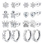 HAIAISO 8 Pairs 925 Sterling Silver Stud Earrings Set Hypoallergenic Pink Heart Cz Earrings Cute Butterfly Flower Dog Paw Turtle Stud Earrings Hoops Earrings For Girls Women