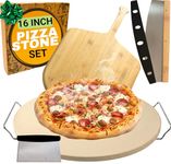 Round Pizza Stone 16 Inch - Pizza Stones for Oven and BBQ with Handles, Wooden Pizza Peel, Pizza Cutter Rocker and Dough Tool