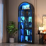 Dystler Arch Display Cabinet with Doors and Adjustable Shelves, 76" Tall Curio Cabinet with LED Lights/Storage Space, 6 Tier Display Case Bookcase for Collectibles Bedroom Living Room Office, Black