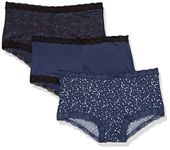 Maidenform Women's Microfiber Pack, One Fab Fit Boyshort Panties with Lace, 3-Pack, Navy Black/Navy Black Lace/Shining Star, Large