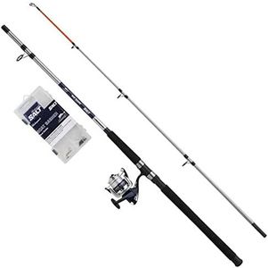 Shakespeare Salt Boat Basher Combo Set Canne à pêche et Moulinet, Spinning Combo avec étui Rigide, leurres et matériel d'extrémité, pêche en mer, Unisexe, Bleu et Blanc, 2,10 m, 100-300 g
