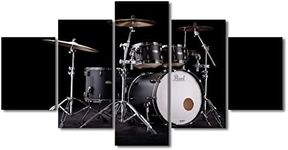 Large Music Series 5 Piece Canvas Wall Artwork Rock Band Shelf Drum Set With Lights In Black And White Background Modern Home Decor Rustic Wall Decor for Living Room Framed Ready to Hang 60x32 in