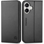 SHIELDON Case for iPhone 16 6.1", Genuine Leather Wallet Case with [Card Holder][Kickstand][RFID Blocking][TPU Shell] Magnetic Shockproof Folio Phone Case Compatible with iPhone 16 5G 2024 - Black