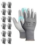 LANON 12 Pairs Safety Work Gloves, Mechanic Working Gloves for Men,Breathable PU Coated, Seamless Knit,Double Wash, Grey, Medium