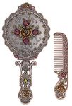 Nerien Vintage Round Rose Metal Mirror Comb Set Antique Hand Held Vanity Mirror Comb Set Copper