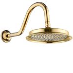 Drettyer Rain Shower Head, 9" Vintage Shower Heads with Extension Curved Shower Arm, Traditional Round Rainfall Showerhead Replacement for Shower System (Bright Gold)