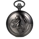 JewelryWe Seahorse Black Pendant White Dial Roman Numerals Long Chain Pocket Watch Quartz Movement Full Hunter Sweater Necklace Watch, for Father’s Day