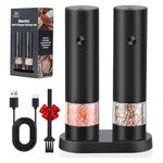 Electric Salt and Pepper Grinder Set, USB Rechargeable Automatic Pepper Mill with Storage Base, Adjustable Coarseness Salt Grinder, Washable Container for Kitchen/Picnic/BBQ