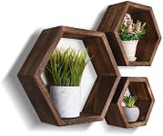 Set of 3 Pine Wood Hexagon Shelves for Wall Decor - Farmhouse Honeycomb Shelves for Living Room Decor, Kitchen Storage, Wall Mount Rustic Boho Shelves