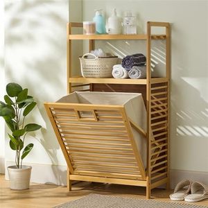 Bamboo Bathroom Laundry Hamper XCJump Freestanding Laundry Hampers with Shelves Tumbler Storage Basket Laundry Dirty Clothes Storage Basket Suitable for Bathroom Bedroom Room Dormitory (95 * 50 * 30)