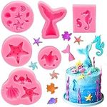 JINXIAN 6 Pcs Mermaid Tail Moulds Marine Themed Silicone Mould Set DIY Baking Animal Silicone Molds Reusable Ocean Animal 3D Shaped Cake Moulds for Cake Candy Fondant