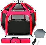 Serenelife ON-THE GO baby and Toddler pack and play - playpen - play yard compact, portable, lightweight, foldable- indoor and outdoor, w/ canopy, 5 panel Mattress, Travel bag (Red): Baby