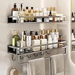 Shower Caddy 2 Pack 40CM Bathroom shower shelf No Drilling Shower Storage Rack with 5 Hooks Large Capacity Wall Shelf Removable Towel Holder for Bathroom, Living Room, Bedroom, Kitchen（Grey）