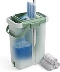 JOYMOOP Mop and Bucket with Wringer Set, Flat Squeeze Mop with Bucket (X-Large), Dust Mop for Wall Cleaner with Long Handle, Microfiber Mop - Green Bucket with 3 Reusable 15" Pads