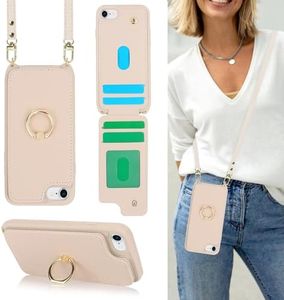 Lipvina for iPhone 7/8/SE 2020/SE 2022 Phone Case with Card Holder and Strap for Women,Crossbody Lanyard,Kickstand Ring Stand,Snap Clasp,Phone Wallet Cases 4.7 inch(Beige)