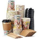 MATANA 80 Disposable Takeaway Coffee Tea Cups with Lids, Sleeves & Wooden Stirrers (340ml / 12oz) - Unique Comic Design - Sturdy, Heat Resistant & Eco-Friendly