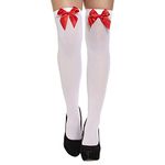 Style Lockers® Ladies Girls Thigh High Hold Up Stocking With lace Satin Bow Over Knee Socks Daily Dress Party Favours (White With Red Bow)