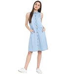 StyleStone (3325IceShinyBtnS Women's Ice Blue Denim Dress with Buttons