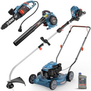 SENIX 17-Inch 26.5 cc Gas Weed Wacker, 20-Inch 144 cc 4-Cycle Gas Lawn Mower, 26.5cc Gas Leaf Blower and 16" Corded Chainsaw Kit