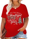 Plus Size Christmas Tops Women Merry Christmas Shirt Xmas Buffalo Plaid Tree T-Shirt Oversized Graphic Tee, Red, XX-Large