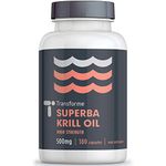 Antarctic Red Krill Oil Capsules High Strength 1000mg, 2 Capsule Serving, 180 500mg Superba Krill Oil Capsules, Omega 3 Fatty Acids EPA and DHA with Astaxanthin and Choline, by Transforme