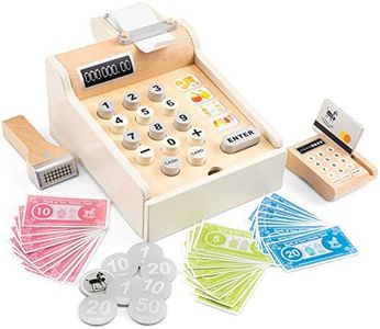 New Classic Toys 10651 Wooden Cash Register with Play Money, Scanner and Bank Card, White