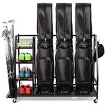 Sttoraboks Golf Bags Storage Garage Organizer, Golf Bag Rack Fits 2/3 Golf Bags and Golf Equipment Accessories, Golf Club Storage Stand with Wooden Shelf and Lockable Wheels for Garage Indoor Basement