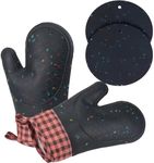 BUYLONG Kitchen Oven Mitts,Silicone Oven Mitts,Oven Mitts Double Glove of 4 Pieces, Household Oven Gloves, Including Insulation mat, Non-Slip Silicone Surface,Soft Cotton Lining, Waterproof