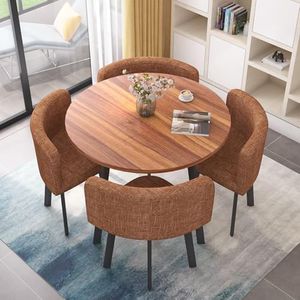 WOOOFA Round Dining Table Set for 4, Faux Marble Conference Table and Chairs Set, Kitchen Table Chairs Set with Strong Metal Frame, Space-Saving, Office Table and Chair Set for Home and Apartment