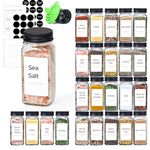 ComSaf 24Pcs 4oz Glass Spice Jars with Shaker Lids, 93 Labels, a Handy Funnel, a Pepper Grinder, Empty Spice Containers and Square Spice Bottles for Kitchen and Seasoning