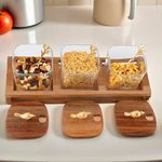 The Better Home Platters Serving Set For Snacks With Wooden Tray, Spoon, 3Jars (380ml each) | Diwali Gift | Premium Soda Lime Glass | Snacks Serving Bowls With Tray | Serving Tray With Bowls