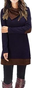 STYLEWORD Women's 2025 Fall Sweater Dress Long Sleeve Cowl Neck Patchwork Tunic Tops for Leggings(Dark purple,XXL)