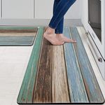 MAYHMYO Kitchen Rugs and Mats Set of 2 Teal Farmhouse Anti Fatigue Mat PVC Non Slip Retro Rustic Wood Texture Kitchen Mats for Floor, Bathroom, Desk, Runner, Laundry