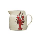 Creative Co-Op Coastal Stoneware Wax Relief Lobster Illustration, Multicolor Pitcher, Ivory