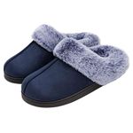 VeraCosy Women's Classic Suede Memory Foam Slippers Anti-Skid Scuff with Warm Faux Fur Collar, Navy Blue, 7/8 UK