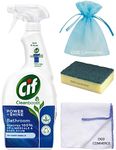 Cif Cleanboost Power + Shine Bathroom Cleaner Spray, 700ml, Removes Limescale & Soap Scum & No Harsh Smells + 1x Cleaning Cloth + 1x Cleaning Sponge + Organza Small Bag