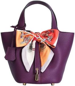 Lafillmiss Leather Handbag (Scarf Detaches) Genuine Leather Bucket Bag for Women,Market Tote Bags with Metal Clasp(Anemone Purple-gold)
