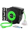 DEWENWILS Retractable Extension Cord Reel, 40 FT Heavy Duty Power Cord, 12/3C SJTOW Retractable Cord Reel, Lighted Triple Tap Outlets, 15A Circuit Breaker, Wall/Ceiling Mount, UL Listed, Green