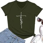 ALAPUSA Faith Shirts for Women Graphic Casual V-Neck Short Sleeve Funny T-Shirts V-Army Green M